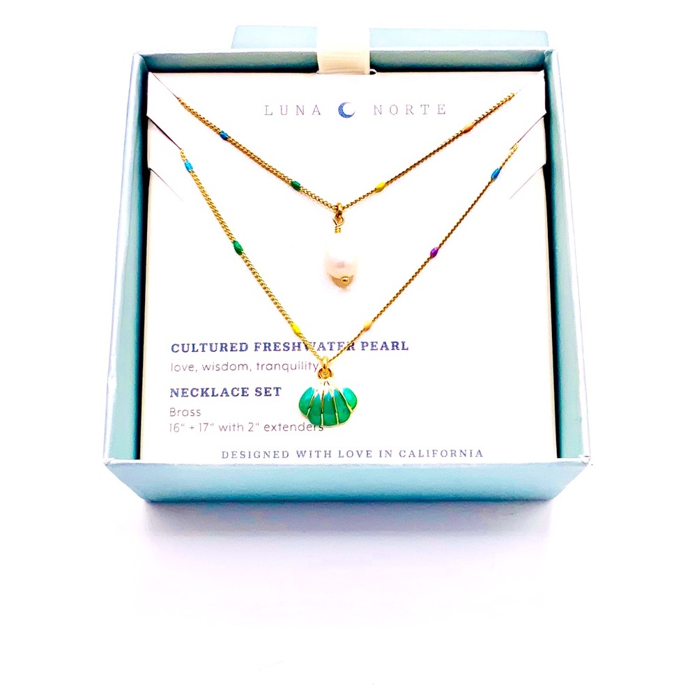 Luna Norte Gold Plated Green Shell & Pearl Layered Necklace Set
